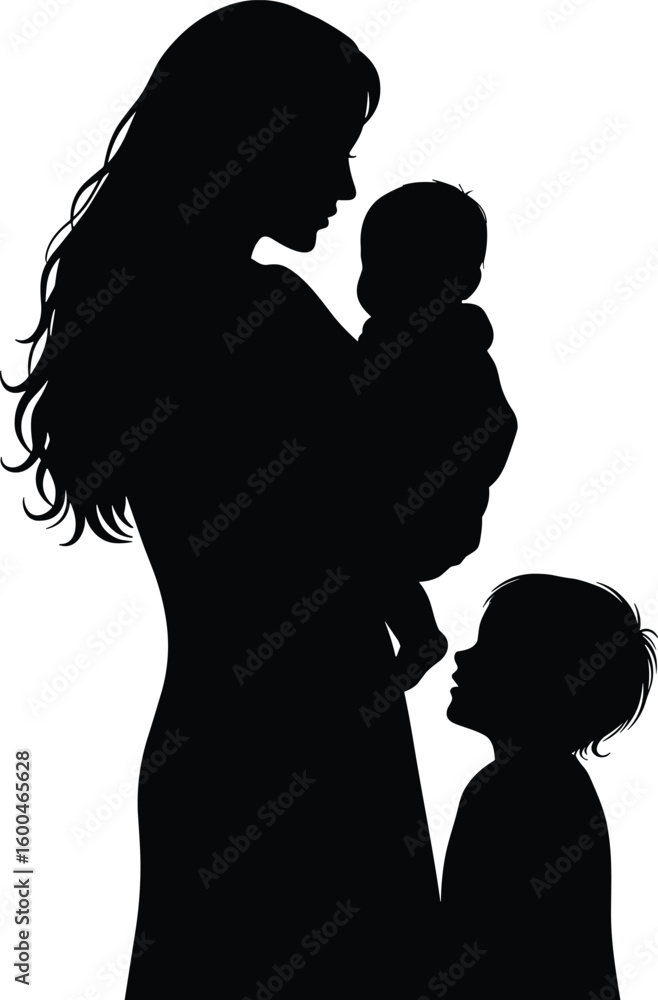 Mother holding baby with child silhouette, family love illustration, parenting bond, emotional connection, black and white Mother holding baby with child silhouette, family love illustration, parenting bond, emotional connection, black and white