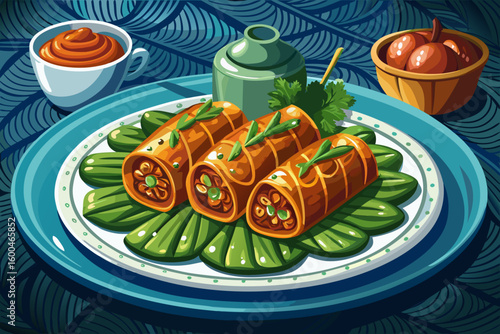 vector of Close-up of tightly rolled dark green yaprak sarmeh, a traditional Turkish dish, arranged on a white dish. On a beautifully decorated table for serving...