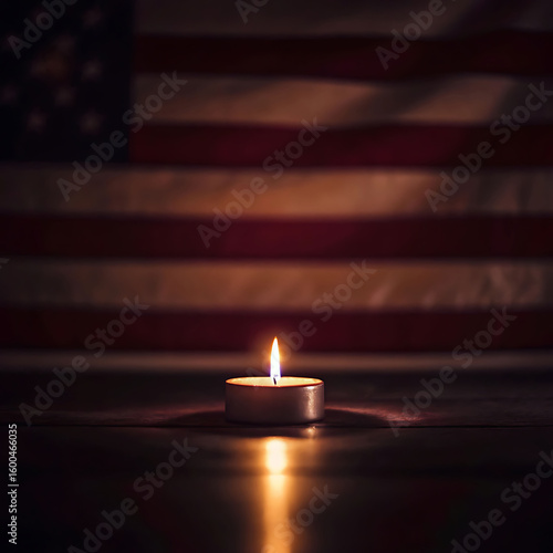 Single candle burning in front of american flag at night