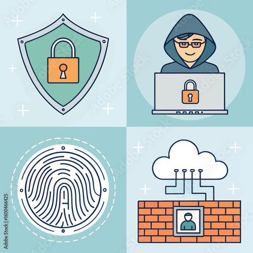 Digital security icons shield lock fingerprint cloud and hacker