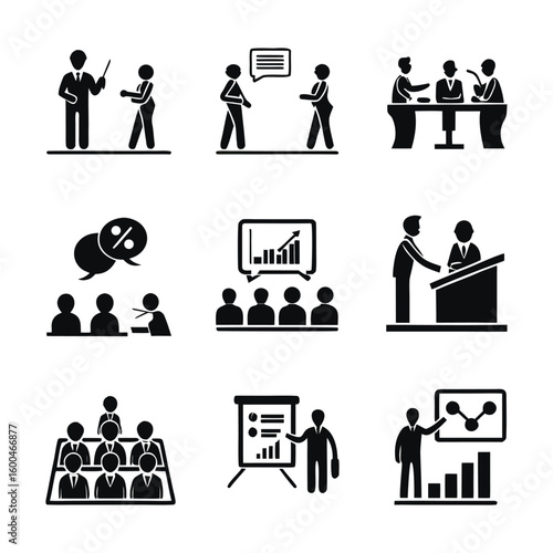 A set of vector business people pictograms, including stick figures and silhouettes, symbolizes various office jobs and concepts