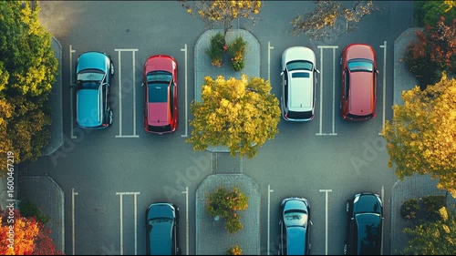 Top-down view of a parking lot with multiple cars and a yellow-leaved tree in the center, symbolizing seasonal contrast.
