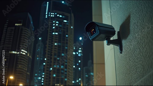 Close-up of surveillance camera mounted on a building, capturing a city skyline filled with lights and skyscrapers at night.
