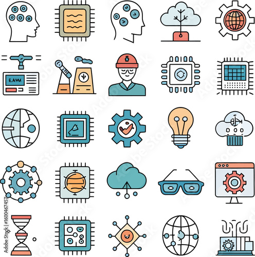 Technology and science icons with human head and D N A