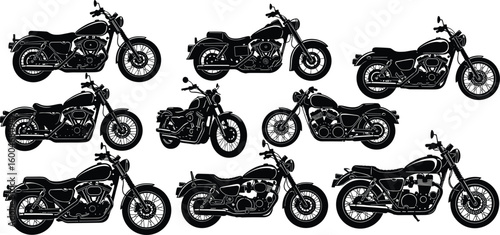 Motorcycle silhouette vector collection, classic motorbike set, cruiser motorcycle clipart, vintage bike icons, transportation, biker style, custom chopper illustration