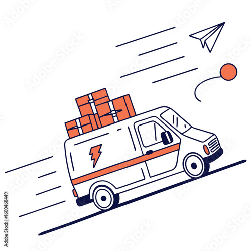 Delivery van with boxes and a lightning bolt logo speeding along with a paper airplane behind it