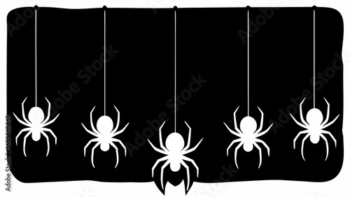 Black background with white spiders hanging from strings for halloween decoration or spooky design element
