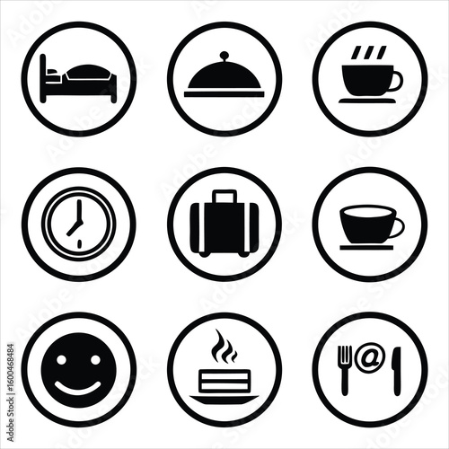Collection of nine circular icons representing hotel services and amenities including bed food coffee clock suitcase and smiley face