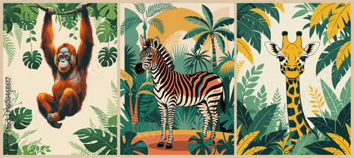 Set of retro jungle posters featuring exotic animals like zebra, gorilla, and giraffe in bold vintage style. Trendy colorful wall art, print, or card design. Vector flat illustrations.