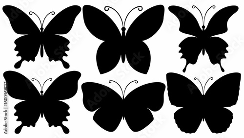 Illustration of six black butterfly silhouettes with varying wing shapes and antenna designs shown
