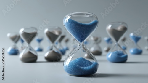 Collection of identical gray hourglasses with blue and gray sand - concept of time and futurity