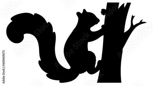 Silhouette of a squirrel climbing a tree with a bushy tail and small branches on a white background