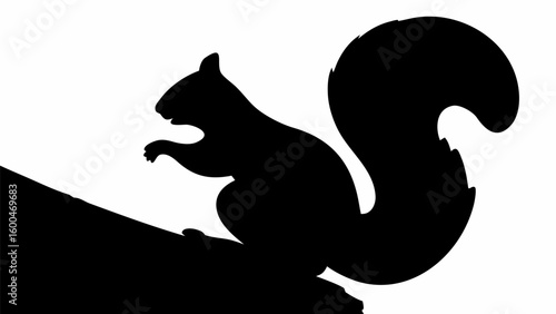 Silhouette of a squirrel perched on a branch with its bushy tail curled gracefully upwards in monochrome