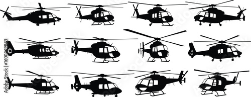 Silhouette collection of military and civilian helicopters, various rotorcraft types for aviation design, vector transport aircraft illustrations, isolated set
