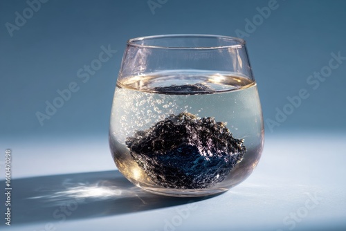 Dark object submerged in clear liquid, bubbles rising