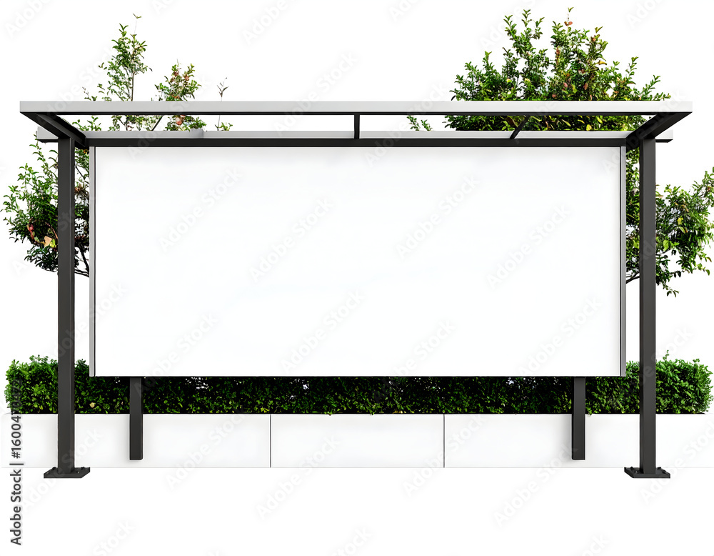 Obraz premium Modern bus stop shelter with a large blank advertisement panel surrounded by lush green foliage.