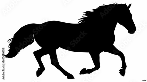 Silhouette of a galloping horse with flowing mane and tail against a white background image clearly visible