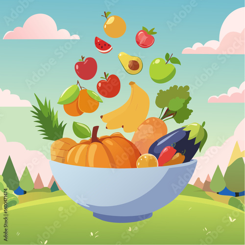 bowl brimming with a cascade of fresh fruits and vegetables