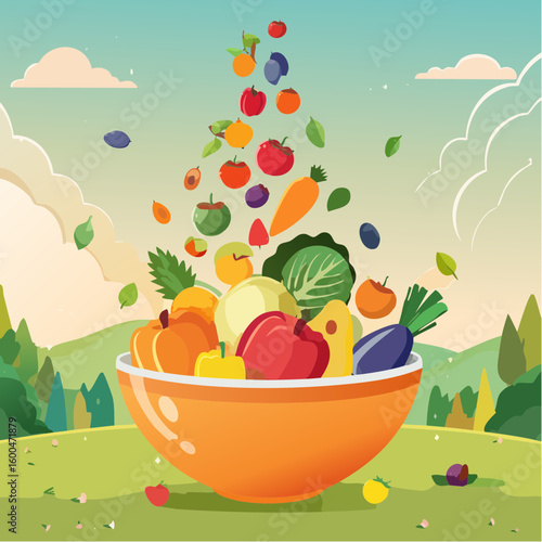 bowl brimming with a cascade of fresh fruits and vegetables