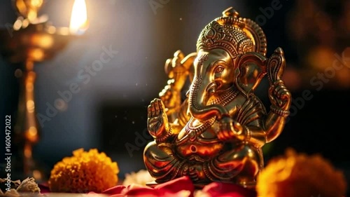 Golden Deity Statue illuminated by Oil Lamp and Falling Dust Particles