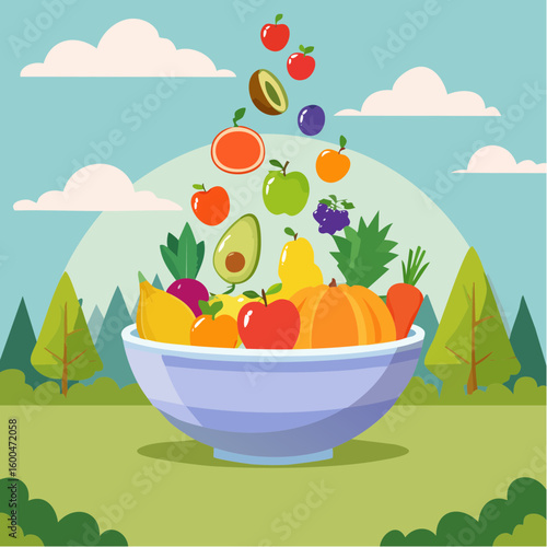 bowl brimming with a cascade of fresh fruits and vegetables