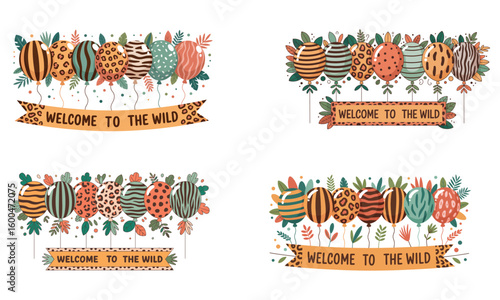 Welcome to the wild jungle balloons colorful illustration for safari party celebration and birthday decoration
