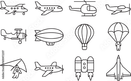 Diverse aircraft and aviation icons airplane helicopter