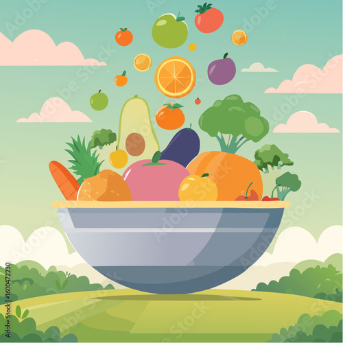 bowl brimming with a cascade of fresh fruits and vegetables