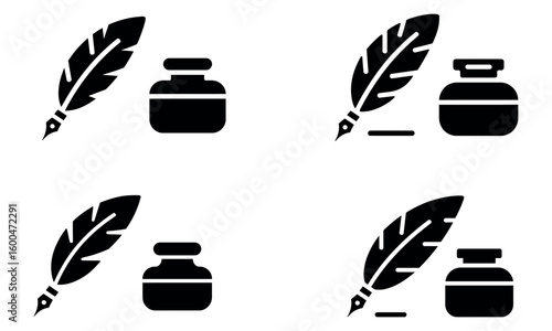 Quill pen with ink bottle simple black and white icon for writing literature and vintage calligraphy design
