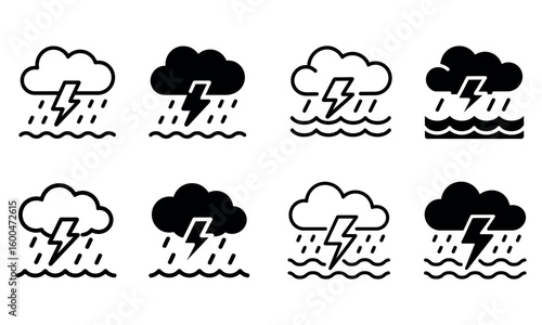 Rain cloud with thunderstorm icon black and white illustration for weather forecast storm and climate concept
