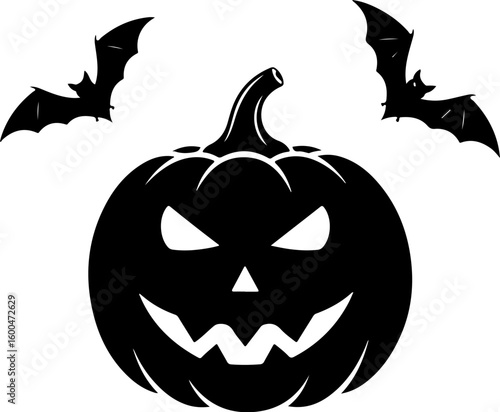 Vector art of a black silhouette of a carved jackolantern pumpkin with glowing