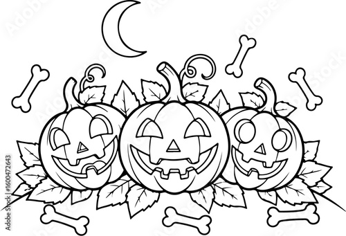 Vector art of three carved jackolantern pumpkins with smiling faces are arranged