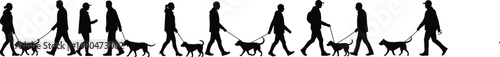 Silhouette of people walking dogs in line, pet lovers, leash walking, outdoor activity, dog walkers