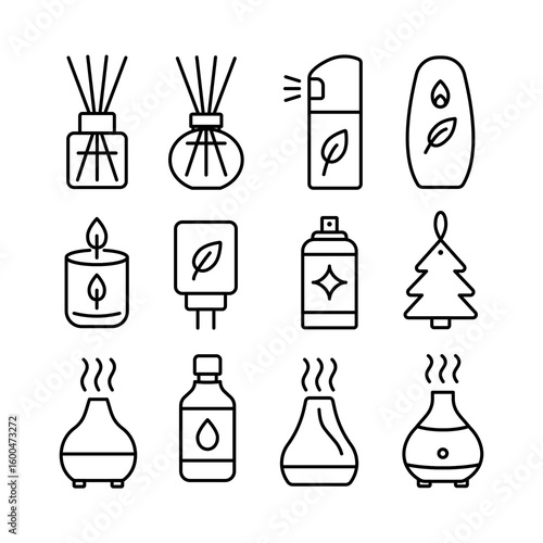 Illustration showing a set of black icons of air fresheners and diffusers on a white background