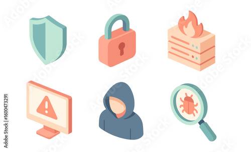 Cybersecurity isometric icons featuring firewall, lock, and hacker symbols