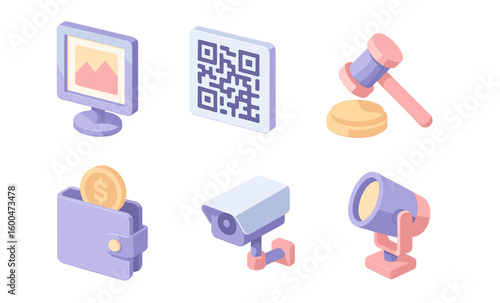 Set of isometric icons featuring technology, finance, and security themes