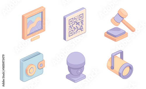 Isometric icons of art, technology, and security in soft pastel tones