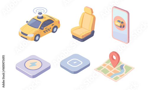 Modern isometric taxi technology icons for ride-hailing and navigation apps