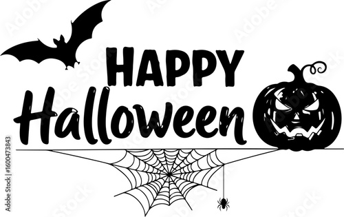 Vector art of happy halloween text is displayed with a spooky jackolantern a
