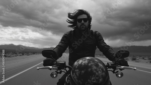 Wide black and white cinematic shot of a motorcyclist riding on an empty desert road under dramatic skies