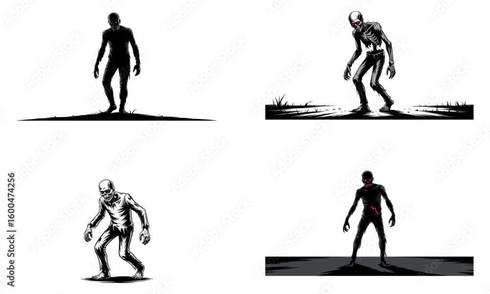 Fototapeta premium Zombie silhouettes creepy horror dark illustration for halloween and scary party decoration design 