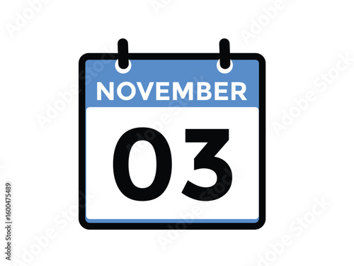 3 November, calendar date icon. 3 November Calendar Date for Deadlines or Appointment. Day, month. vector illustration.
