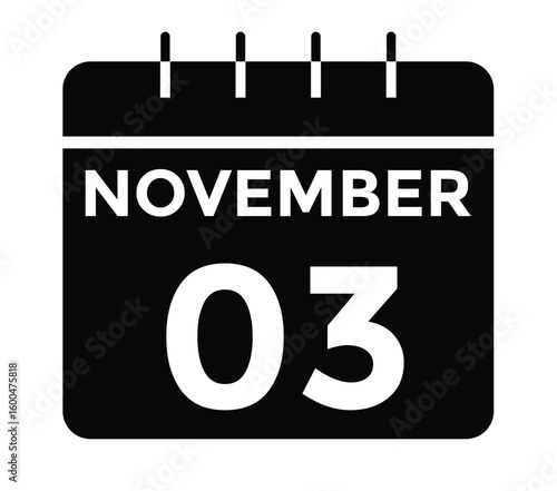 3 November, calendar date icon. 3 November Calendar Date for Deadlines or Appointment. Day, month. vector illustration.
