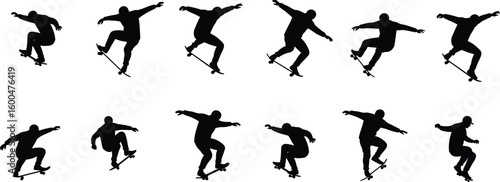 Skateboarder performing multiple tricks, dynamic silhouette sequence, extreme sports motion, isolated black and white background
