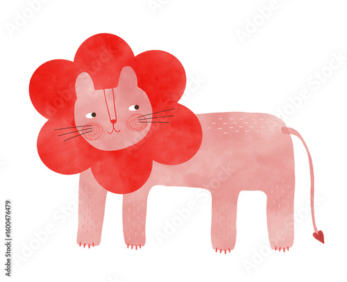 Cute Pink Lion. Childish Drawing-like Vector Illustration Of Happy King Of The Jungle. Pink Wild Cat On A White Background. Kids Room Decoration. Funny Sweet Lion With A Big Red Mane Of Flower Shape.