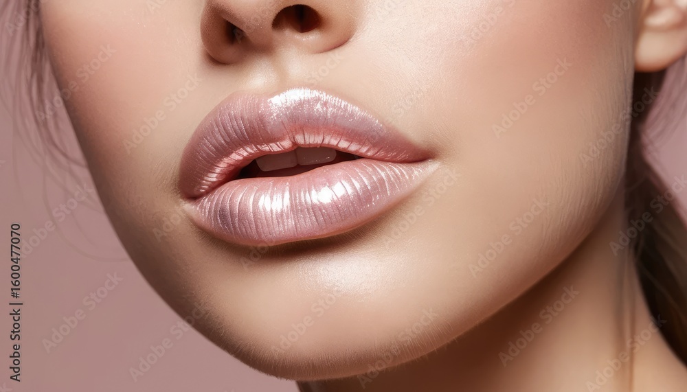 Fototapeta premium A beautiful woman's face in close-up, highlighting her lips with bright lipstick and elegant makeup.