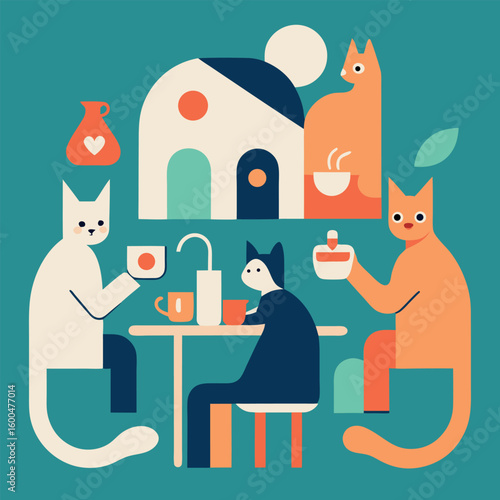 Spend relaxing time with cats by visiting a cozy cat cafe colour Art Vector illustration