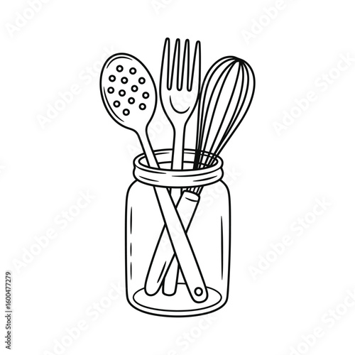 Kitchen Utensils in a Jar Black and White Line Art Illustration for Cookbook and Culinary Blog Designs Simple and Minimalistic