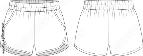Editable technical flat of running shorts with curved side seams, binding, and elastic waistband. Includes front and back views. For fashion design, tech packs, and production.