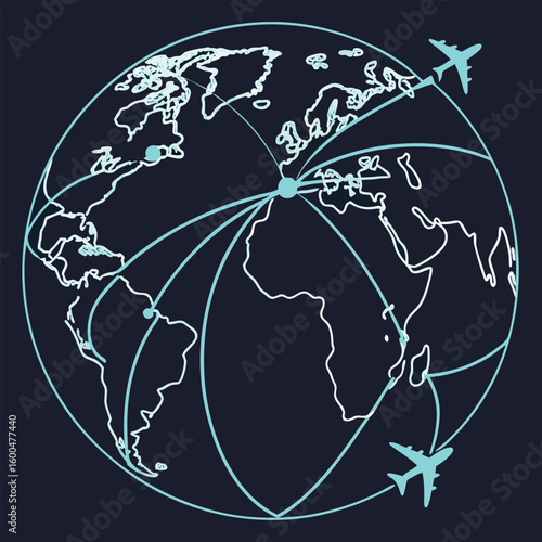 Illustration of a world map with flight paths and airplane icons showing global connectivity and travel